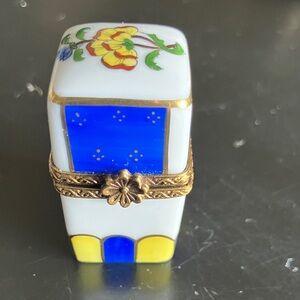 Limoges Porcelain Floral Trinket Box in Blue, Yellow and Gold